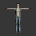 Woman With Red Hair Brown Coat Blue Plaid Pants Arms Outstretched On Gray Gradient Background