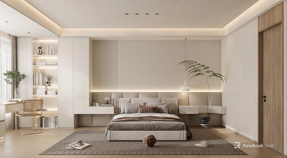 Modern Minimalist Bedroom With Neutral Tones Soft Lighting Area Rug And Potted Plant 3d model 
