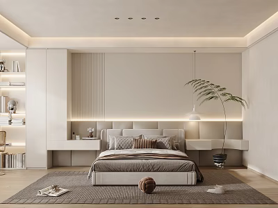 Modern Minimalist Bedroom With Neutral Tones Soft Lighting Area Rug And Potted Plant 3d model