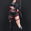 Woman Wearing Black Coat with Pink Flowers Gas Mask Holding Gun and Sword