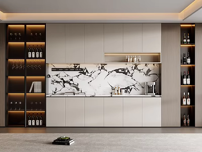 Modern Luxury Wine Cabinet With Marble Counter And LED Lighting Display Shelves 3d model