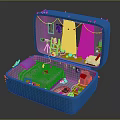 Cartoon Scene Inside Blue Suitcase with Pink Bed Purple Pillow Striped Curtains Furniture and Toys