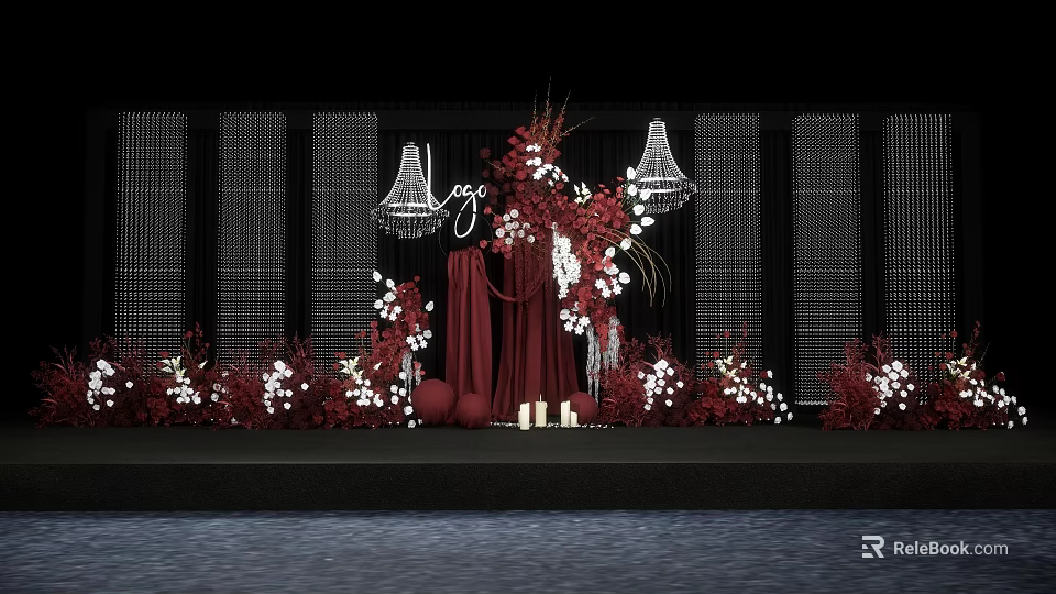 Elegant Wedding Decor With Red Drapery White Red Flowers Chandeliers Black Backdrop And Candles 3d model 
