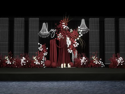 Elegant Wedding Decor With Red Drapery White Red Flowers Chandeliers Black Backdrop And Candles 3d model