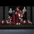 Elegant Wedding Decor With Red Drapery White Red Flowers Chandeliers Black Backdrop And Candles