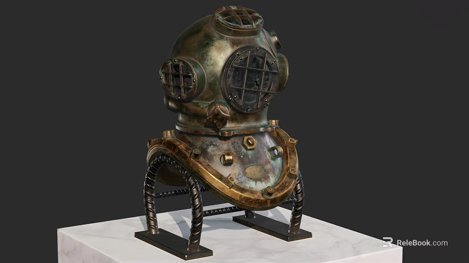 Vintage Brass Firefighting Equipment Helmet With Metal Frame Display On Marble Stand 3d model 