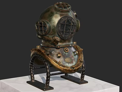 Vintage Brass Firefighting Equipment Helmet With Metal Frame Display On Marble Stand 3d model