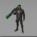 Male Character Bare Chest Black Leather Jacket Holding Large Weapon With Green Blue Accents