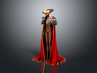 Mysterious Game Movie Character With Bird Like Hat Armored Shoulders Red Cape And Golden Trim 3d model