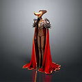 Mysterious Game Movie Character With Bird Like Hat Armored Shoulders Red Cape And Golden Trim