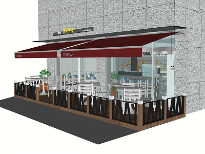 Wooden House Shop Exterior Featuring Red Awning And Outdoor Dining Tables 3d model