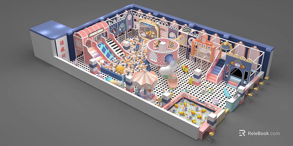 Colorful Children's Playground Design With Slide Carousel Ball Pit And Climbing Structures 3d model 