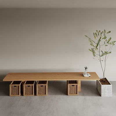 Minimalist Wooden Dining Bench With Rattan Baskets Small Potted Plant And Large White Planter 3d model