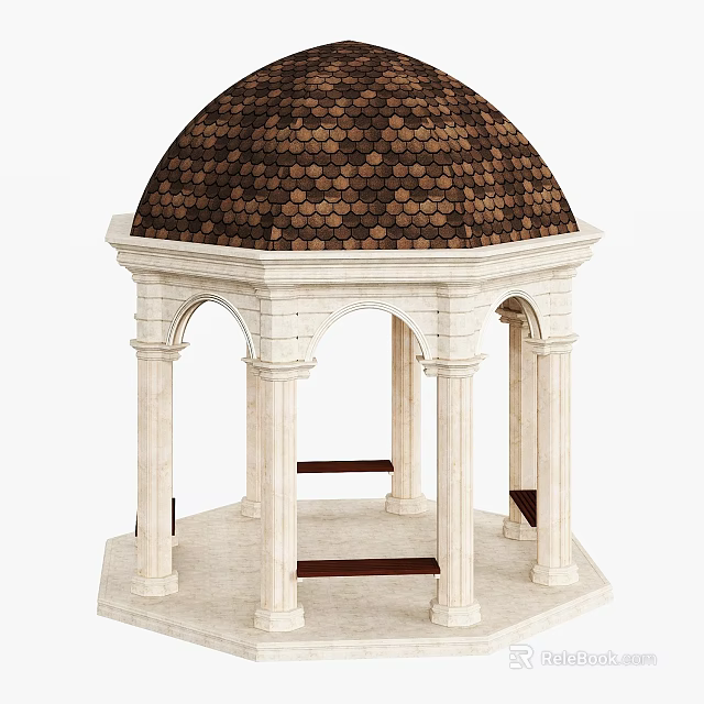 Hexagonal Gazebo With Brown Tiled Dome White Columns Arches And Stone Base 3d model 