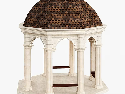Hexagonal Gazebo With Brown Tiled Dome White Columns Arches And Stone Base 3d model
