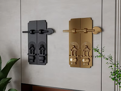 Decorative Black And Gold Metal Door Handles With Ornate Design Mounted On Wall 3d model