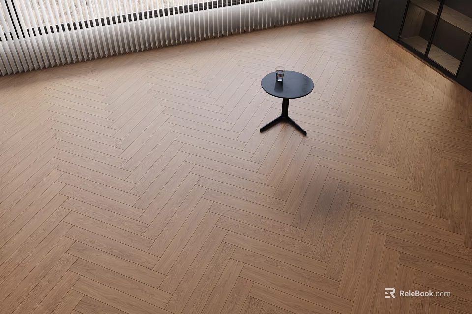 Herringbone Light Wood Flooring With Natural Texture And Small Round Table 3d model