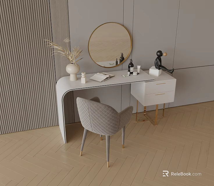 Modern Dressing Table With Round Mirror Gray Chair And Decorative Skincare Items 3d model 