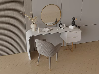 Modern Dressing Table With Round Mirror Gray Chair And Decorative Skincare Items 3d model
