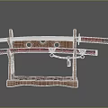 Traditional Japanese Weapon Katana Display on Wooden Stand with Golden Accents and Scabbard