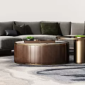 Modern Gray Sofa And Round Wooden Coffee Table Set With Throw Pillows And Armchairs