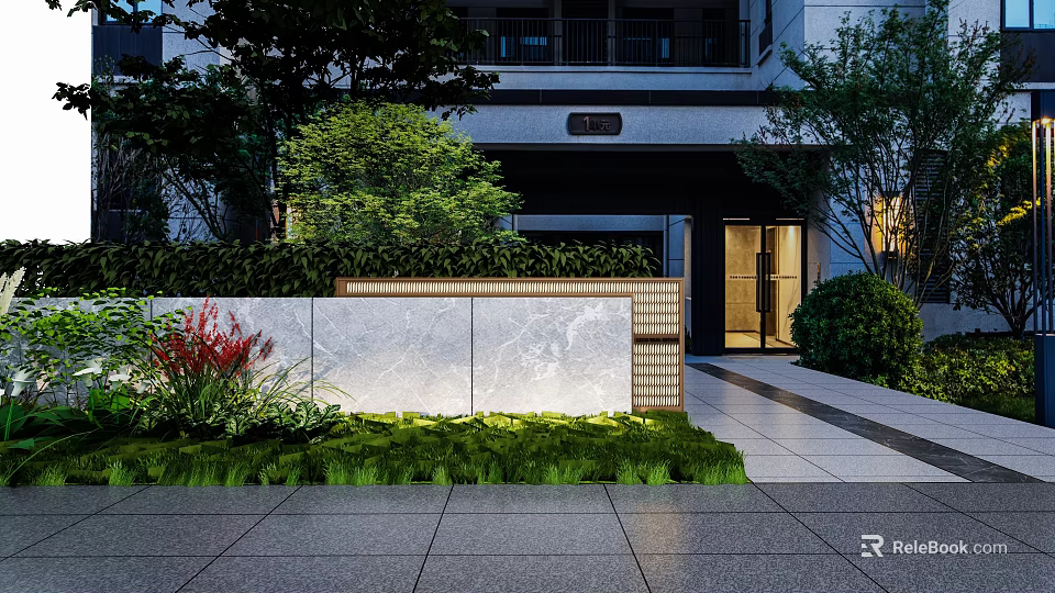 Modern Stone Garden Wall with Green Plants Lawn and Lighting Near Building Entrance 3d model 