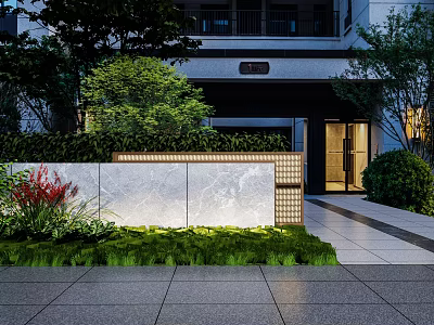 Modern Stone Garden Wall with Green Plants Lawn and Lighting Near Building Entrance 3d model