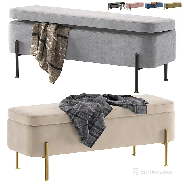 Gray And Beige Velvet Sofa Stools With Metal Legs And Plaid Blankets On Top 3d model 