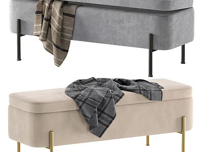 Gray And Beige Velvet Sofa Stools With Metal Legs And Plaid Blankets On Top 3d model