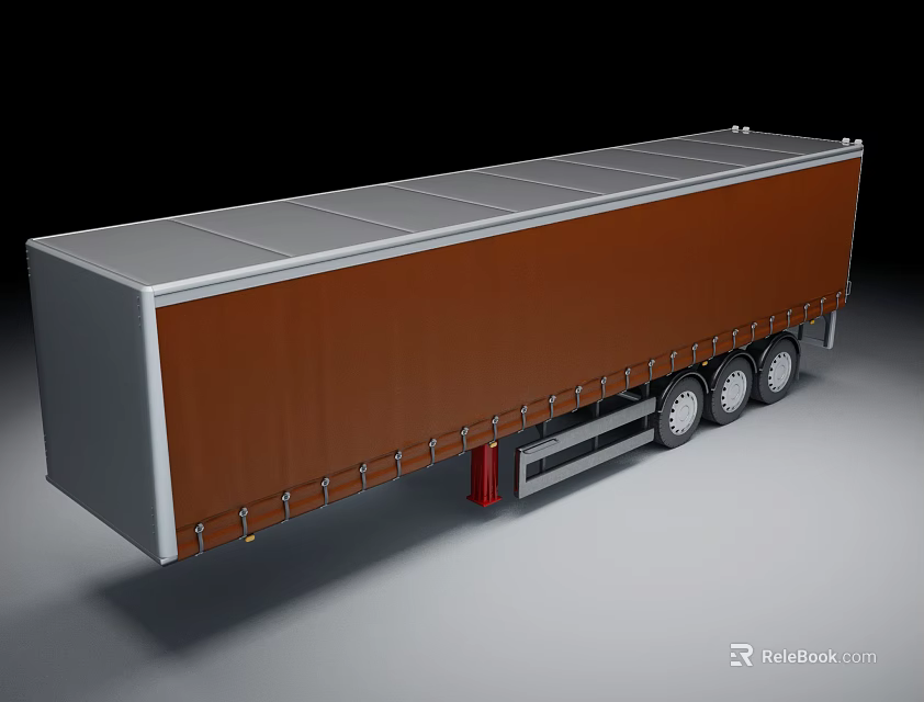 Brown Curtain Side Truck Trailer With Silver Roof And Multiple Wheels 3d model 