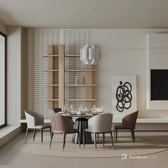 Modern Elegant Dining Table Set With Wooden Shelves Decorative Artwork And Pendant Light 3d model 