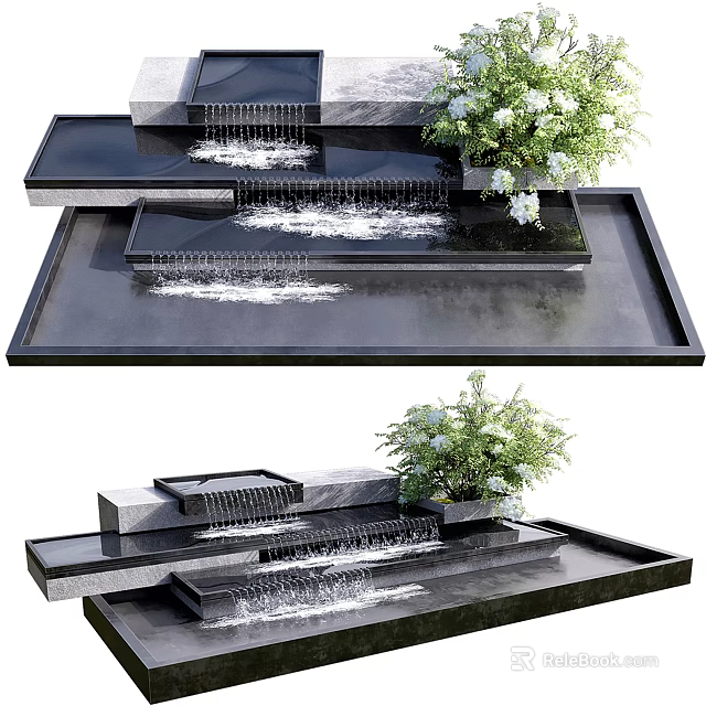 Modern Tiered Garden Water Feature with Flowing Water and Green Plants 3d model 