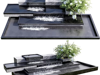 Modern Tiered Garden Water Feature with Flowing Water and Green Plants 3d model