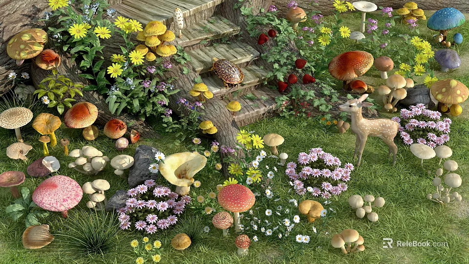 Enchanted Garden Scene with Various Mushrooms Colorful Flowers Small Fawn Green Grass and Wooden Steps 3d model 