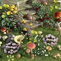 Enchanted Garden Scene with Various Mushrooms Colorful Flowers Small Fawn Green Grass and Wooden Steps