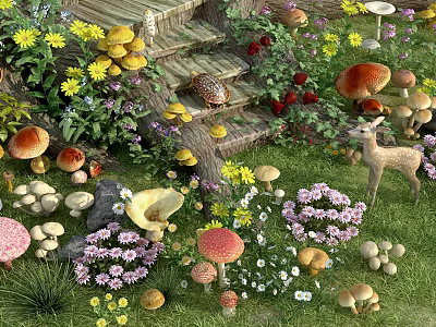 Enchanted Garden Scene with Various Mushrooms Colorful Flowers Small Fawn Green Grass and Wooden Steps 3d model