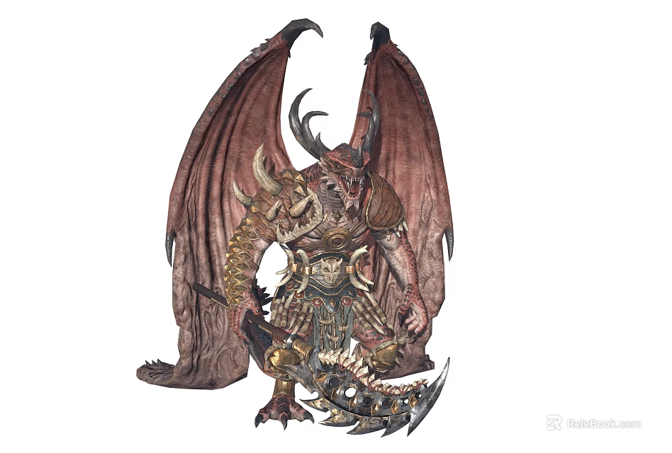 Mythical Warrior Character And Winged Demon Creature With Horned Head Spiked Armor And Battle Axe 3d model 