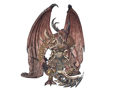 Mythical Warrior Character And Winged Demon Creature With Horned Head Spiked Armor And Battle Axe 3d model