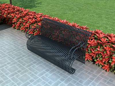 Stylish Garden Ornament With Black Metal Bench Red Flowers Gray Tiled Floor And Green Lawn 3d model