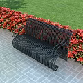 Stylish Garden Ornament With Black Metal Bench Red Flowers Gray Tiled Floor And Green Lawn