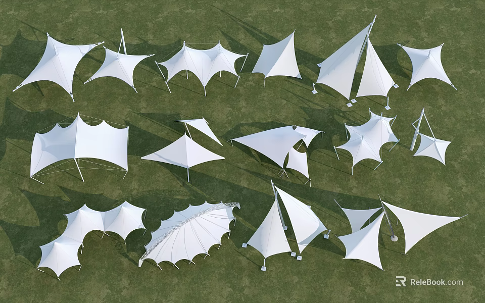 White Tensile Membrane Structures in Outdoor Grass Field With Various Geometric Shapes 3d model 