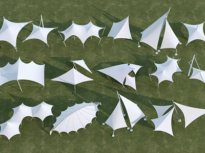 White Tensile Membrane Structures in Outdoor Grass Field With Various Geometric Shapes 3d model