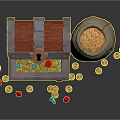 Open Treasure Chest Scene With Money Bag Gold Coins And Colorful Gemstones