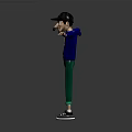 Game Movie Character Wearing Blue Hoodie Yellow Zipper Green Pants Black Cap With Arms Outstretched