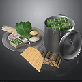 Green Wrapped Traditional Rice Dumplings With Metal Bucket Leaves Sauce Bamboo Sticks Mat And Firewood