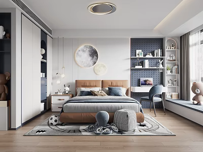 Cozy Kids Room Interior With Bed Stuffed Toys Bookshelves Moon Decor And Rug 3d model