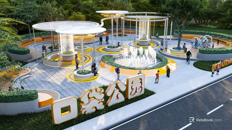 Pocket Park Landscape With Central Fountain Open Pavilions Seating Areas Greenery And People Enjoying 3d model 