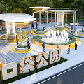 Pocket Park Landscape With Central Fountain Open Pavilions Seating Areas Greenery And People Enjoying