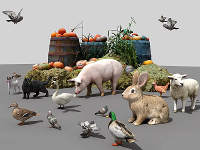 Reptiles In Farm Setting With Various Animals Hay Barrels And Pumpkins 3d model