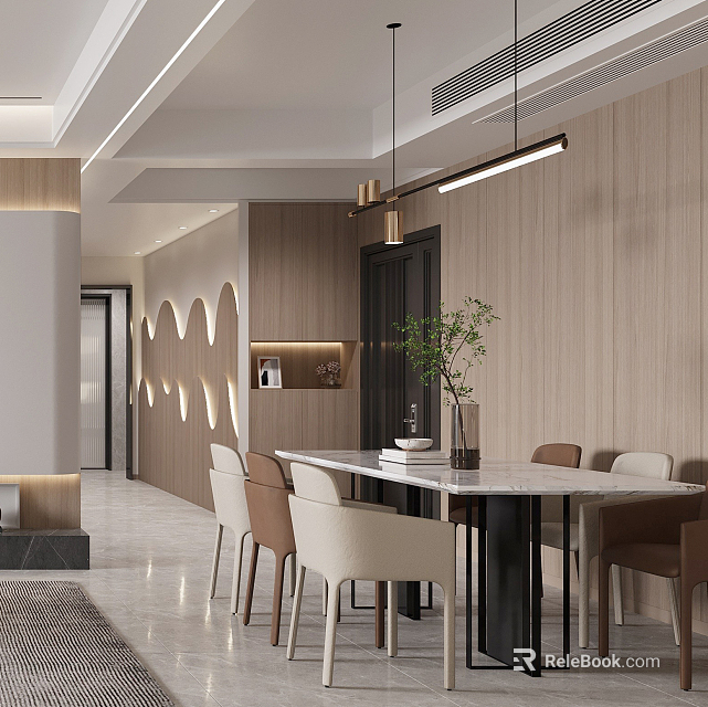 Modern Elegant Restaurant Interior Featuring Wooden Walls Marble Dining Table And Pendant Lights 3d model 